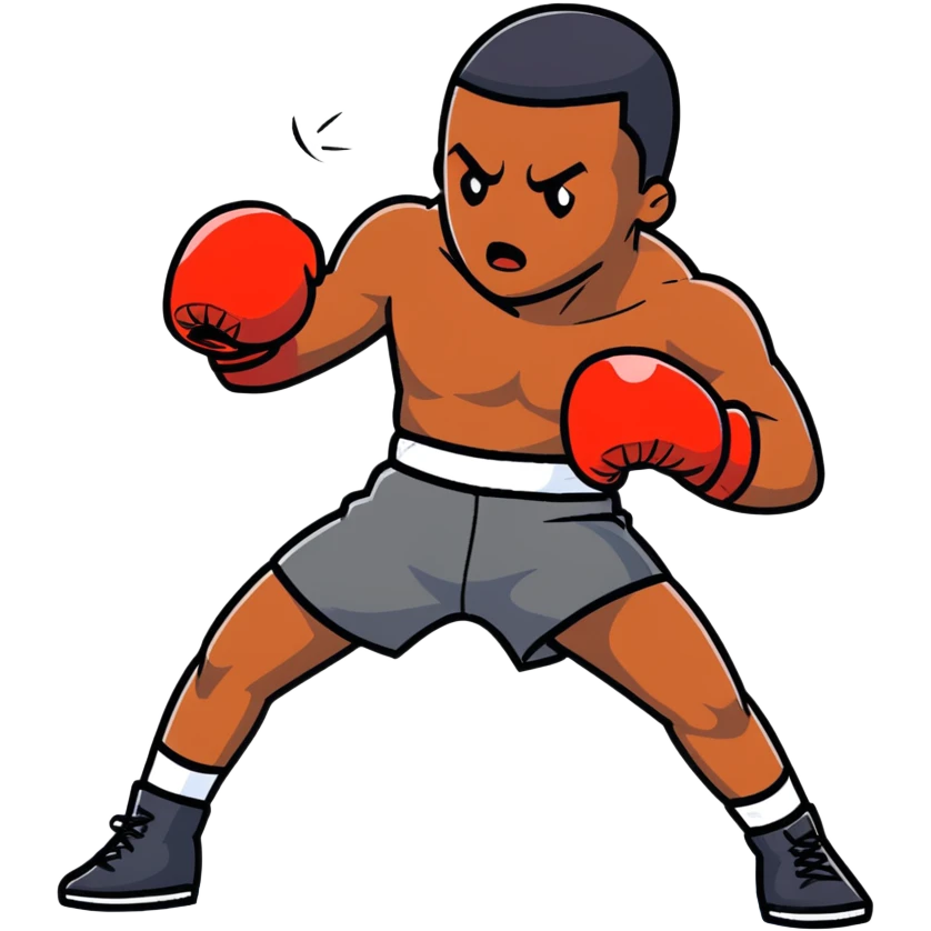 A determined 19-year-old Black male boxer throwing a punch, wearing boxing shorts and gloves emoji