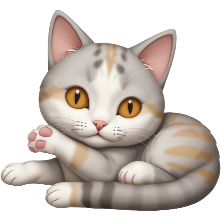 grey and white small cat with its eyes closed lying down with its paw holding up his head emoji
