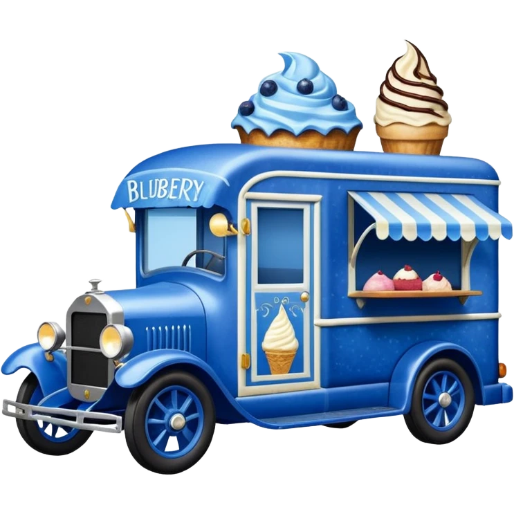 shiny-dark-blue crystal-bodied frozen blueberry muffin, pie, and ice cream, 1912 antique long-wheelbase cab over durable-looking low rider moving truck food truck  emoji