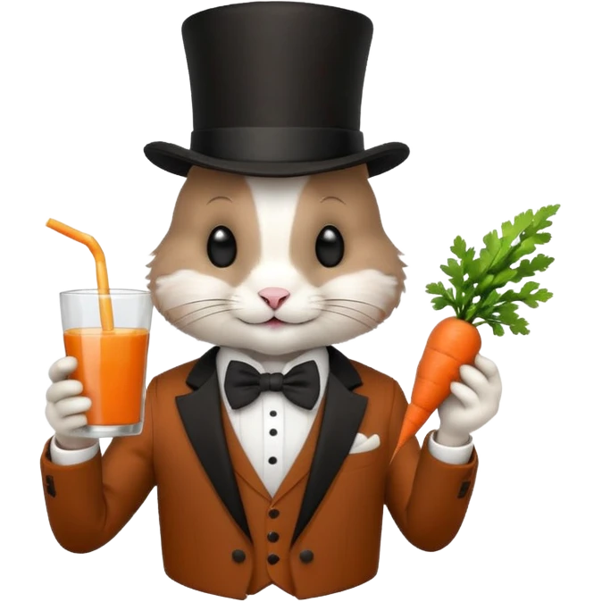 rabbit wearing suit, bowtie and top hat, holding glass of carrot juice emoji