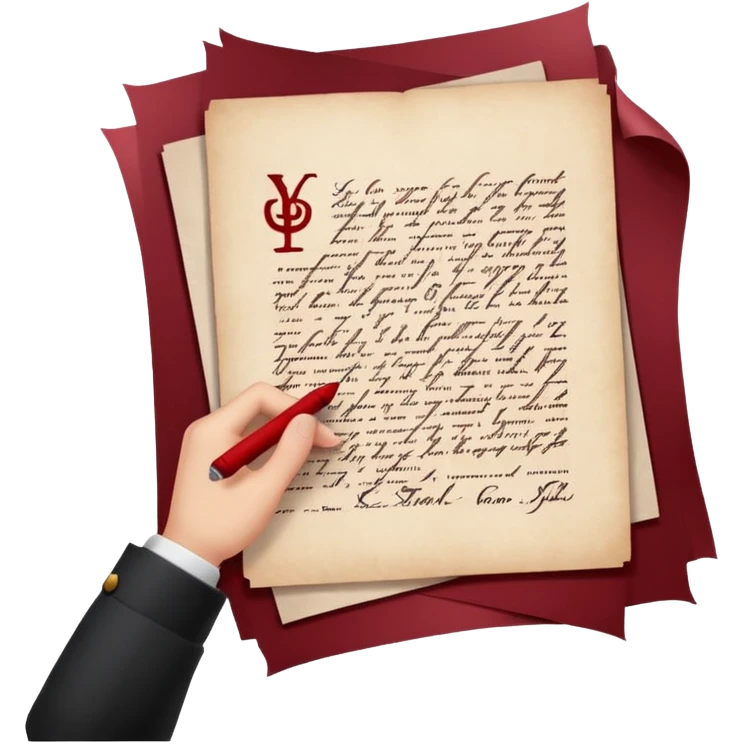 Minimalist emoji-style sticker of a pale hand signing a parchment contract titled “YOUR SOUL” in gothic font, muted red ink, grayscale background emoji