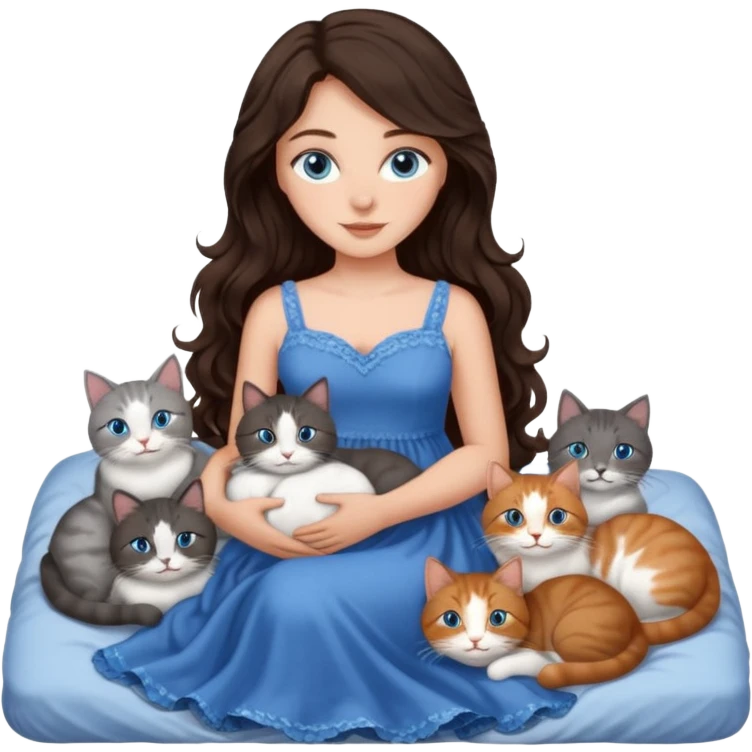 detailed realistic looking a dark grey and white cat regally laying with six other cats, cuddling with their owner in bed who is a pretty bratz lightly tanned white girl with long dark brown hair, blue eyes and gorgeous long wavy hair wearing a pretty detailed dress emoji