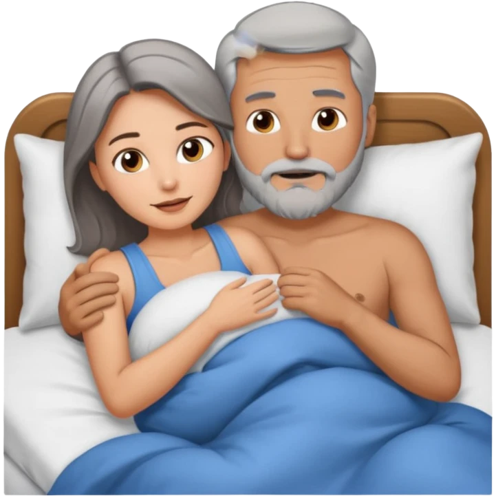 Man with grey hair and beard, and beautiful brunette woman in bed in spooning position  emoji