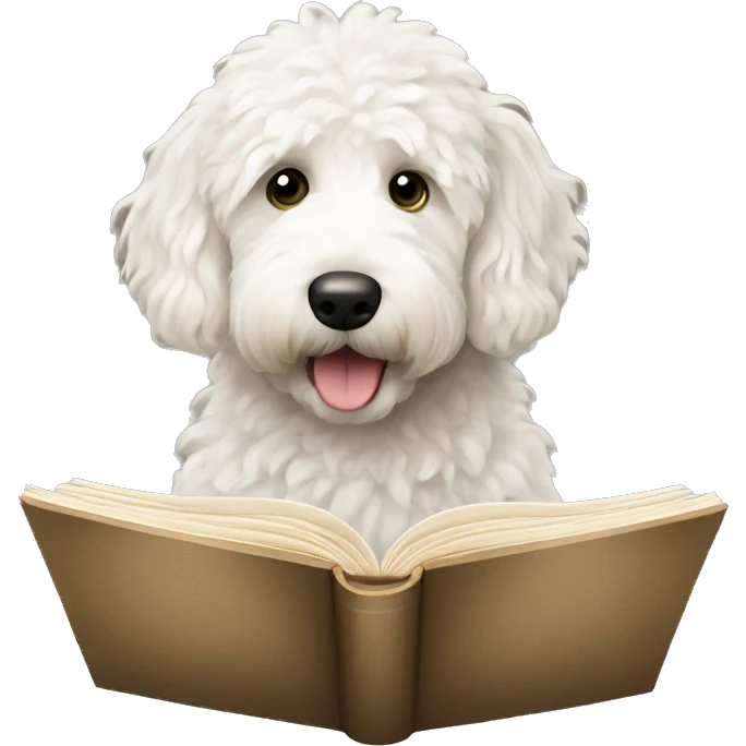 White golden doodle reading a book emoji