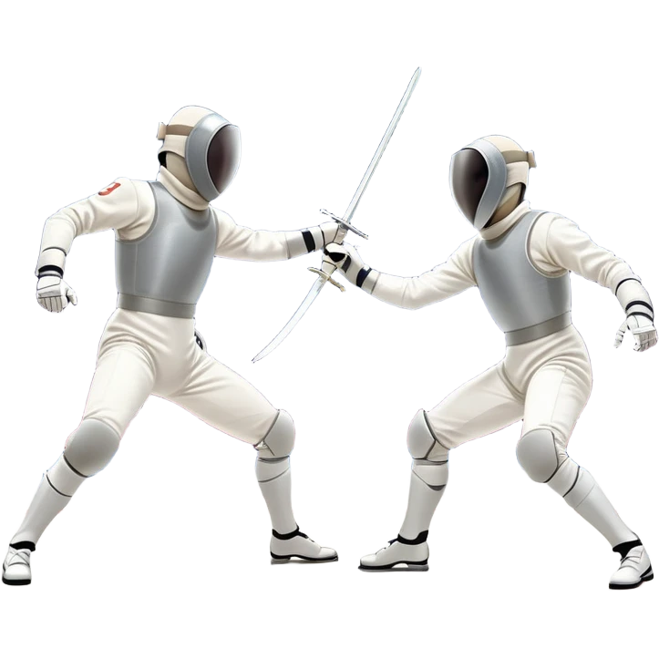 Two fencers in full protective gear and masks duel on a professional piste, swords clashing mid-air. Dynamic lunges and defensive stances highlight the intensity of the sport. The background features a stylized fencing arena with bright lights. Transparent background emoji
