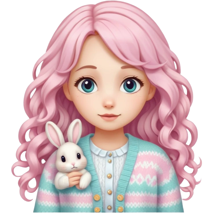  A girl with long curls, a pastel-colored hair clip, and a knitted cardigan with a bunny pattern, looking cute. emoji