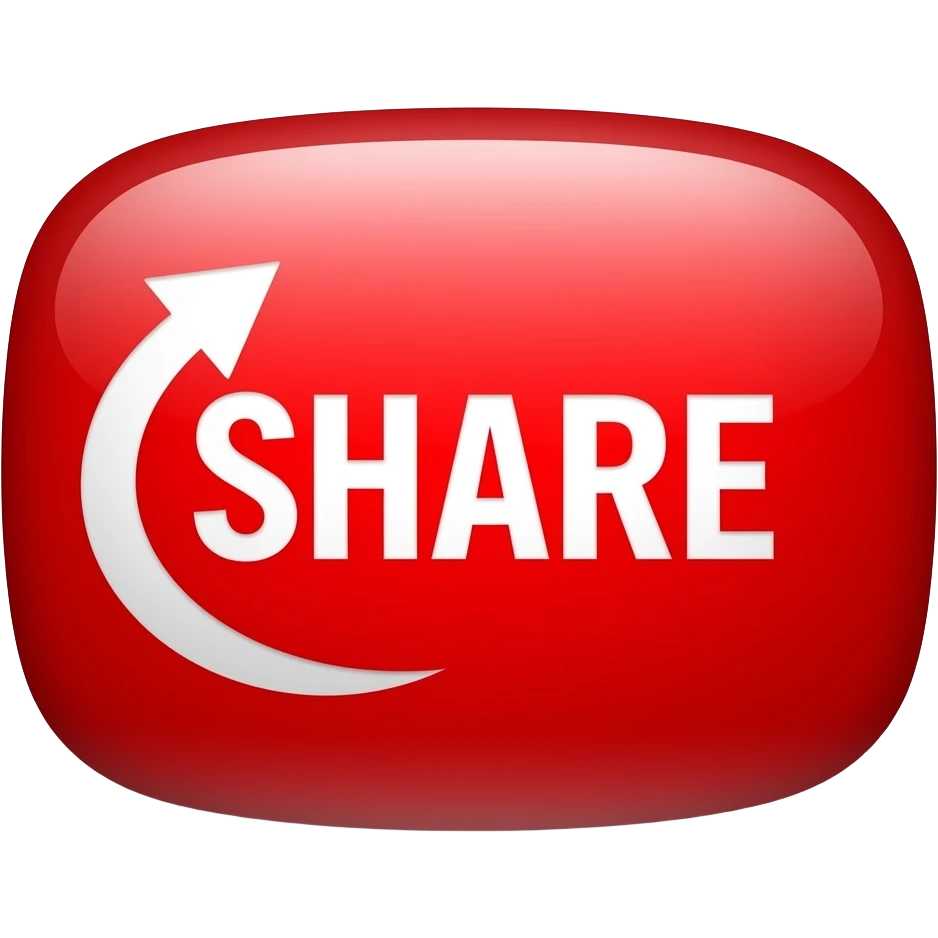 Glossy red rounded rectangle button, bold white text “SHARE”, white curved arrow icon on the left, 3D style, strong shadow, bright highlight, centered, transparent background, high contrast, YouTube style UI emoji