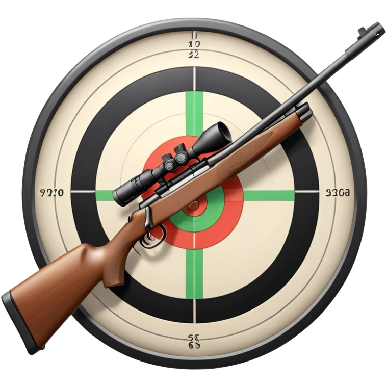 A detailed rifle with a scope, pointing towards a perfectly centered target with concentric rings. The scene highlights the precision and focus required in sports shooting, with no shooter in sight, just the rifle and target in a calm, focused setting. emoji