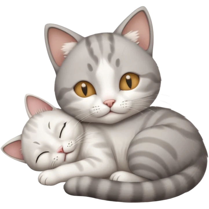 grey and white small cat with its eyes closed lying down with its paw holding up his head emoji