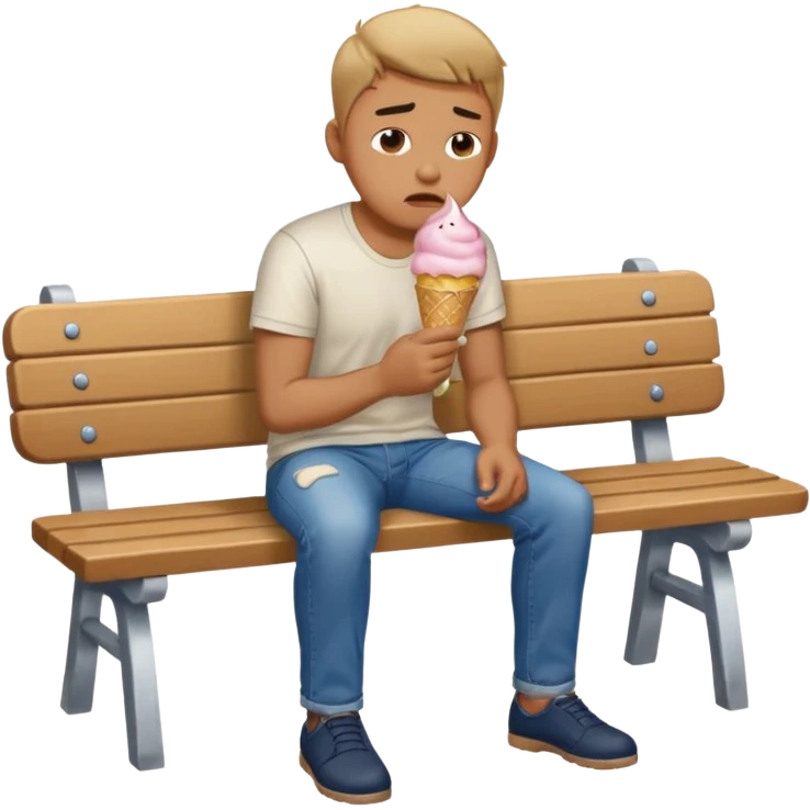 Man sitting on bench and crying because his ice cream fell on the floor emoji