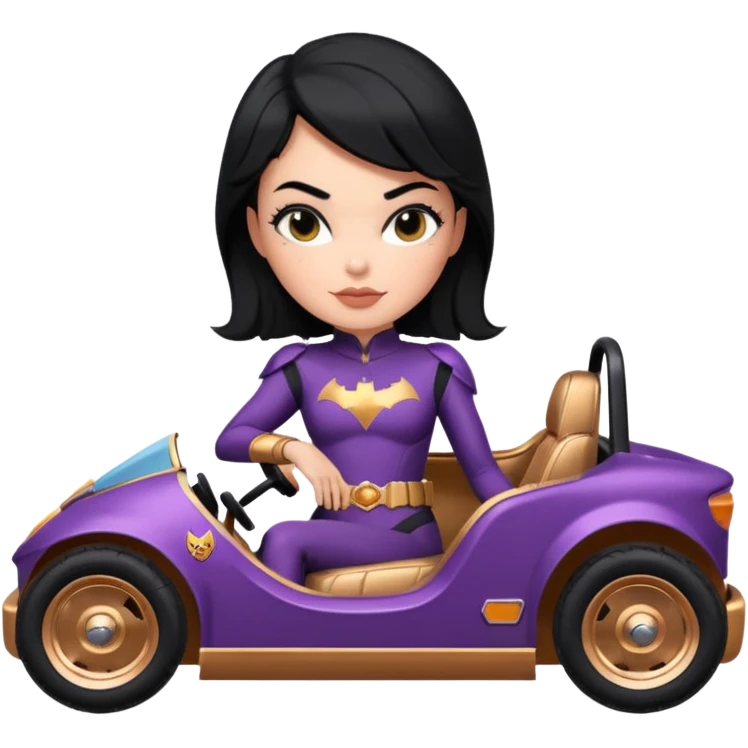Hot full size real-appearance retro electric racing action BatGirl’s feminine midnight-colored tight outfit sixty’s tv show 1992 stealthy retro sporty safe plush petite off-road pursuit cruiser car rose gold accents (black hair,reclined and relaxed torso seating position) go kart  emoji