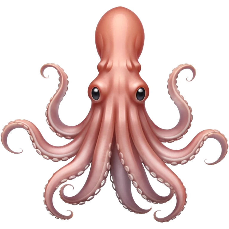 whole raw squid, tapered body, pale pinkish-grey, semi-translucent, visible fins, tentacles curled under, suction cups visible, fresh and glossy, anatomically correct, soft lighting, subtle shadows, no plate or tools, no faces, transparent background, emoji scale emoji