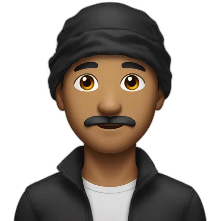 Mestised man's face with short curly haircut and a black bandana on his forehead with brown eyes and a slight mustache emoji