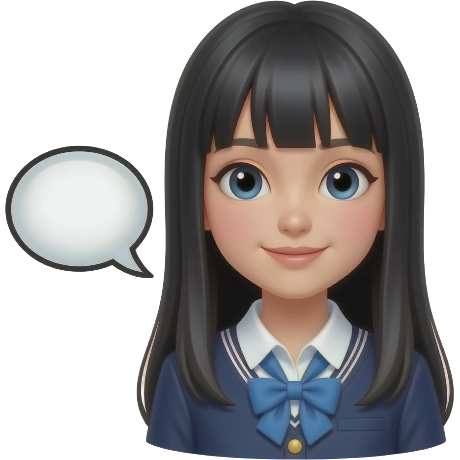 trendy schoolgirl with Asian skin, straight black long hair, chic uniform, speach bubble emoji