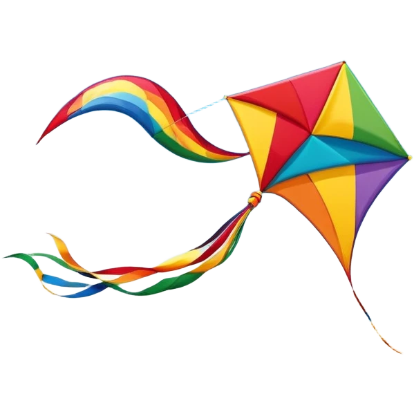 A colorful kite soaring high in the sky on a sunny day, with a long, flowing tail trailing behind. The background features an open field or beach, capturing the joy and freedom of flying kites, with gentle winds and a peaceful atmosphere. emoji