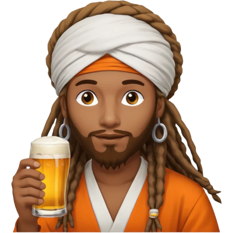 Brownskin man with long dreadlocks add a white turban on his head orange shirt drinking bear emoji