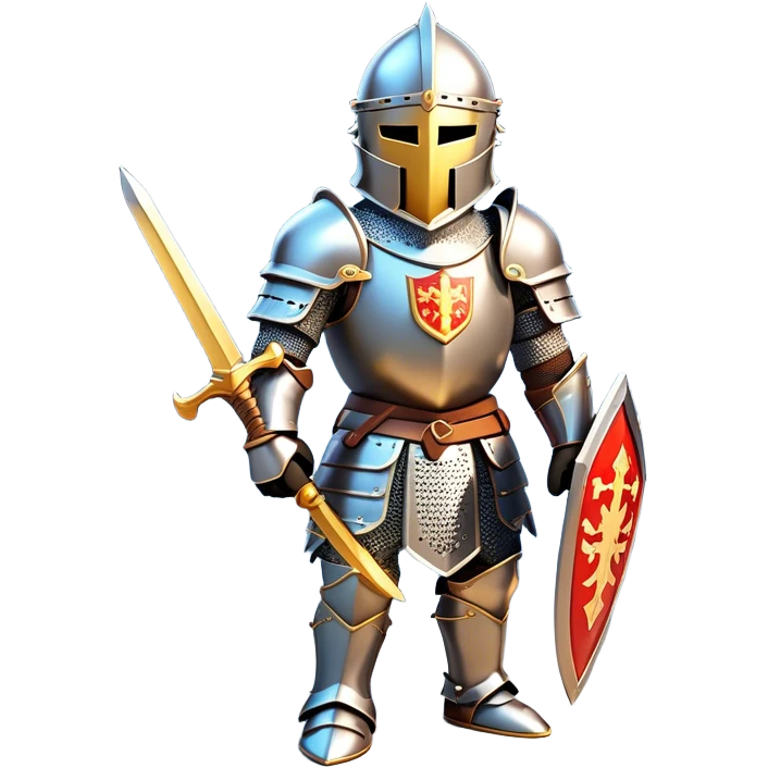 Clash of Clans aesthetic: Cinematic heroic Armored Knight Hero Emoji, rendered in a 3D vector-style similar to standard emojis with minimal shading and bold, simplified shapes. A compact, isometric warrior clad in gleaming plate armor with intricate heraldic details, softly glowing with a chivalrous medieval charm. Simplified yet unmistakably iconic, highly detailed and consistent, glowing with a soft radiant shine and high polish. Stylized with a touch of noble valor and a soft glowing outline, wearing a full face helm so that no face is visible with only eyes visible, capturing the essence of a gallant knight ready for honorable battle with a friendly, playful manner! emoji