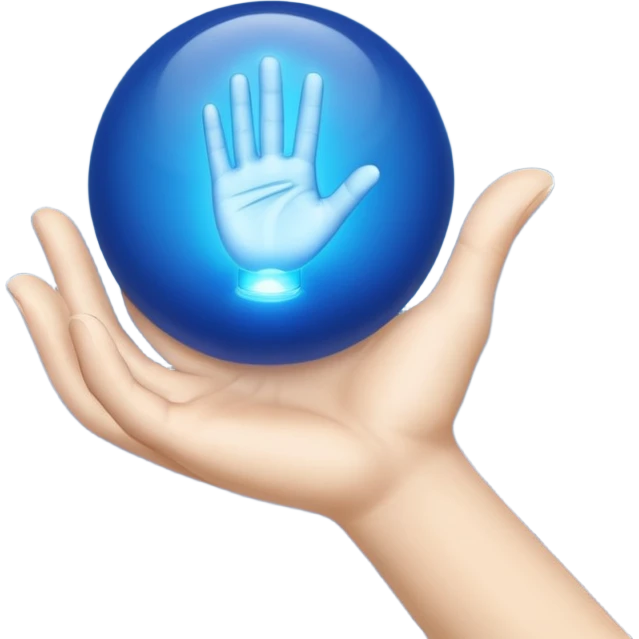 palm-down hand on top. Blue light ball in middle. Palm-up hand on bottom emoji