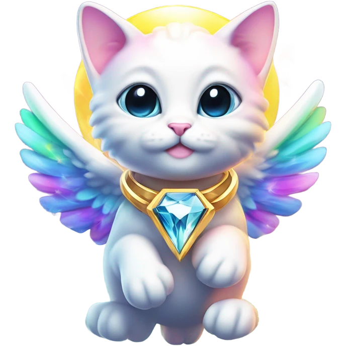 Transcendent Cute Heavenly Rainbow 4d Diamond ultra mega surpream Omni-Cat God with wings and a ring around its body and another ring above it’s head  emoji