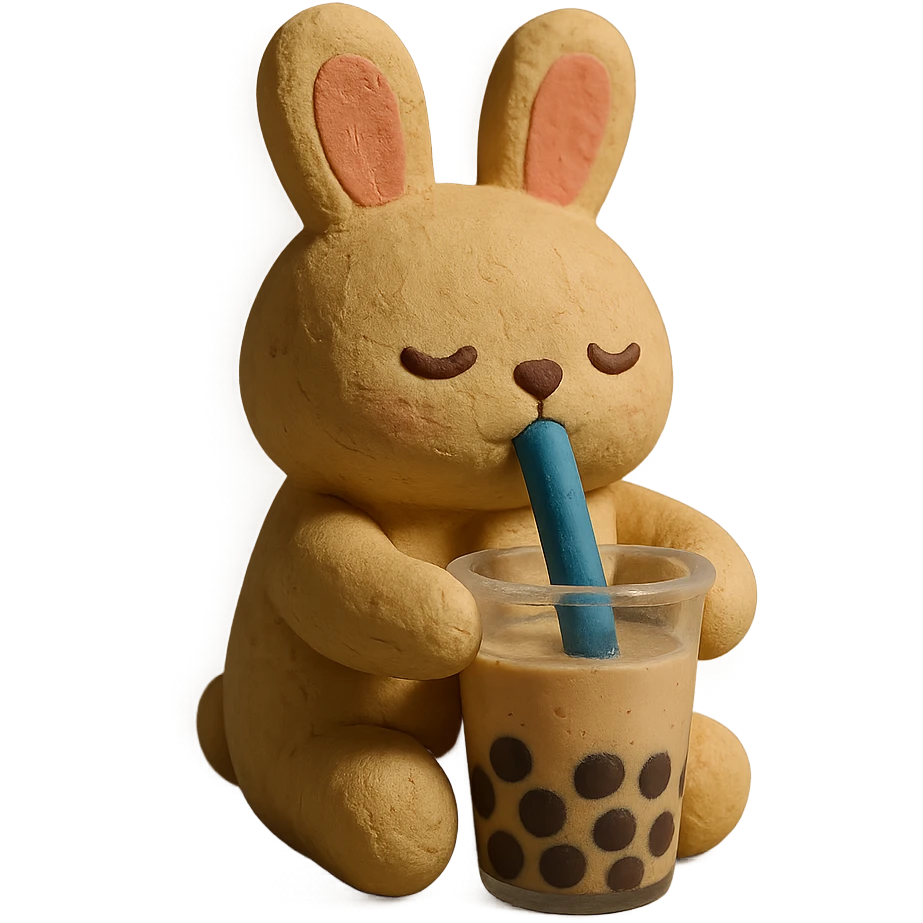 bubble tea bunny sipping boba with both paws, claymation style emoji