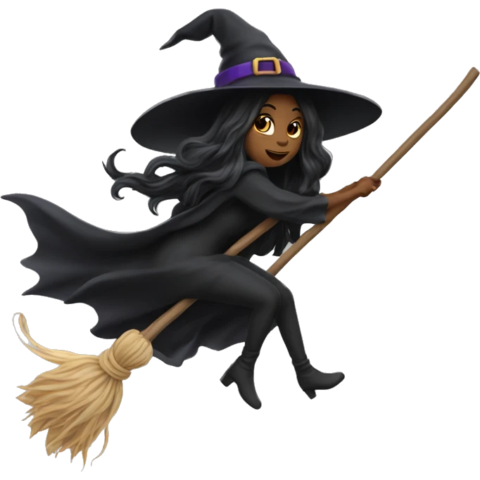 dark long hair witch flying on a broom white skin emoji