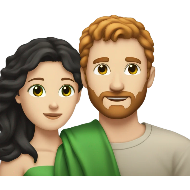 White man BROWN beard and BROWN eyes and RED hair hugging white woman with long black hair and green eyes emoji