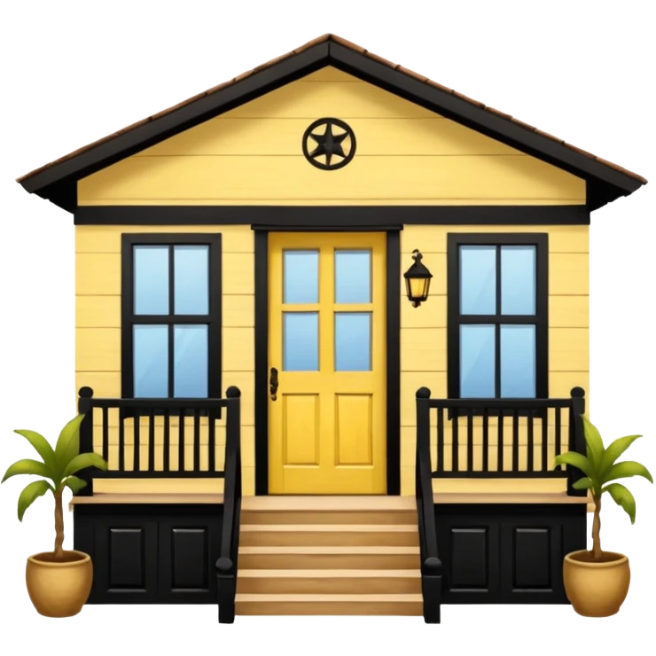 Puerto Rican wooden house facade, central door, two windows, front balcony with rocking chair, scenic frame, humble but well-maintained, warm and authentic, yellow color emoji