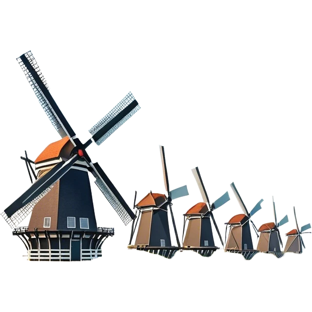 Cinematic Realistic Kinderdijk Windmills Landmark Emoji, depicted as a row of classic Dutch windmills set against a serene sky rendered with detailed textures and soft natural lighting. emoji