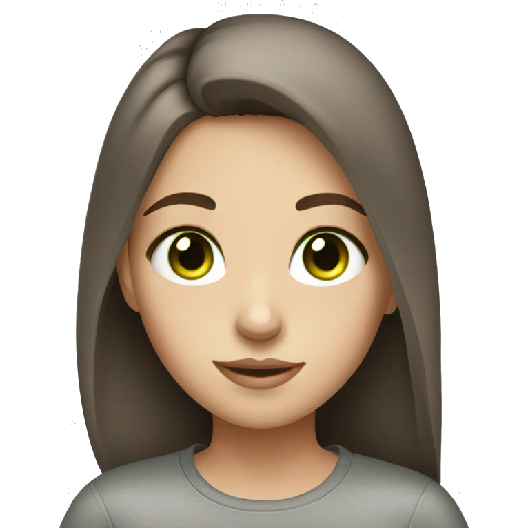 A girl with brown hair grey shirt green eyes with freckles and very pretty emoji