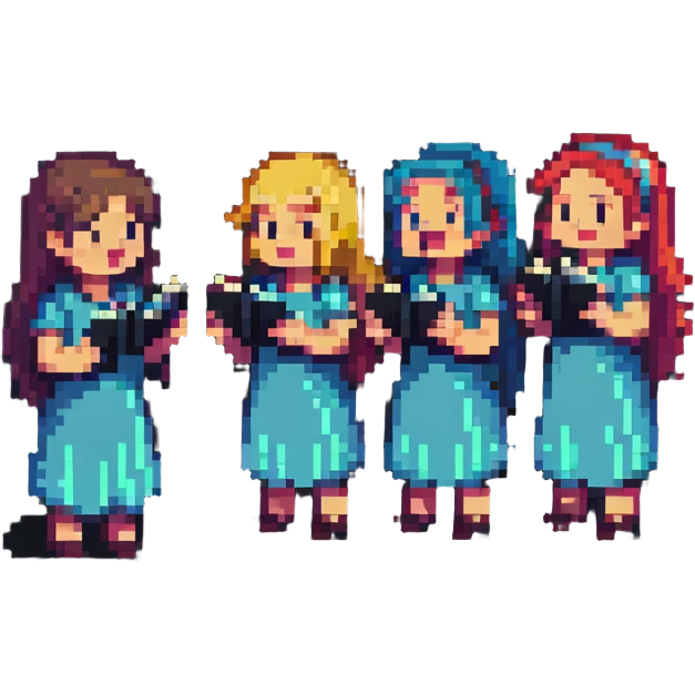 acappella group of four people singing, pixel art style emoji