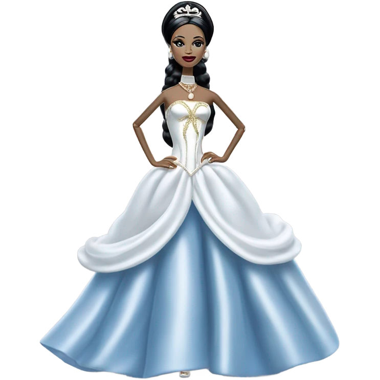 Tall realistic face teen Morticia Addams in as Princess Leia Barbie in ruffled pearl-white and blue ballet ball gown with gold accents and accessories  emoji