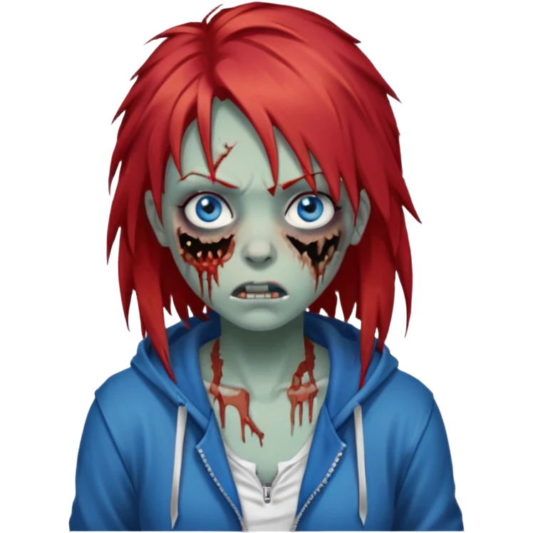 сделай рыжую девушку зомби с избитым лицом, не в полный рост, пусть ее рыжие волосы будут ниже груди с осветленными прядями, глаза у нее будут голубые, а одета она будет в дранную белую майку и черную зип худи emoji