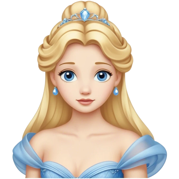 Cinematic Realistic Cute Cinderella Portrait, featuring fair, luminous skin with finely detailed texture and softly lit golden-blonde hair cascading in gentle waves. Her warm, inviting blue eyes sparkle with youthful charm and curiosity, while her classic, elegantly draped ball gown reveals meticulously rendered fabric details and natural folds. The overall composition is bathed in a gentle, realistic radiance that exudes both playfulness and heartfelt beauty. emoji