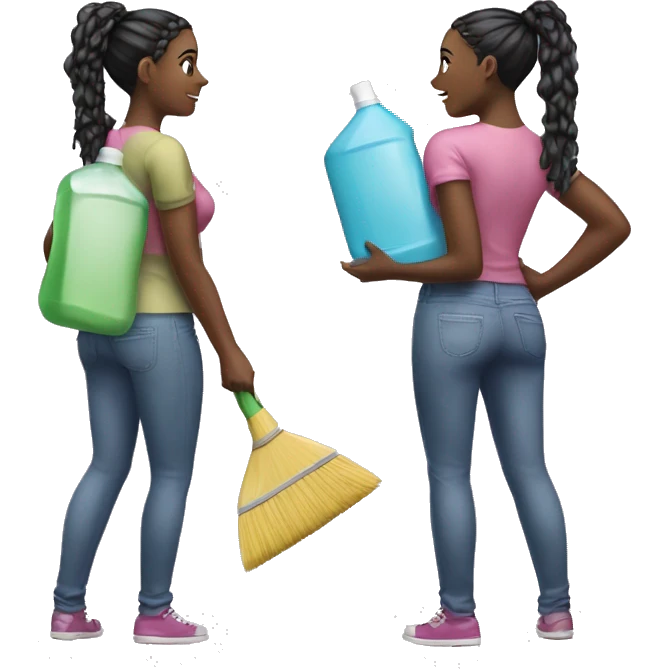 two black girls with braids in a ponytail standing showing entire body, standing back to back holding cleaning supplies  emoji