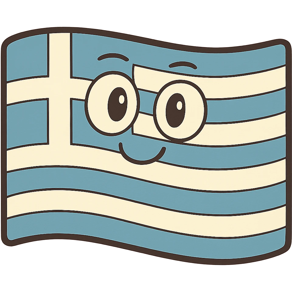 flag of Greece, rectangular, blue and white stripes with a blue square and white cross in the top left corner, flat and simple design emoji