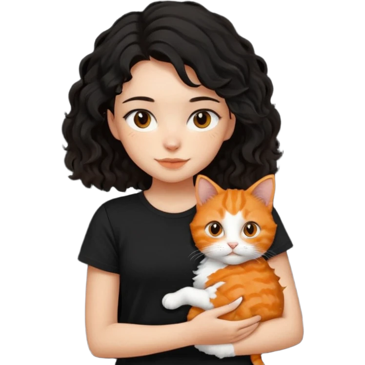 Girl with medium length black wavy hair in a black t shirt holding a ginger cat emoji