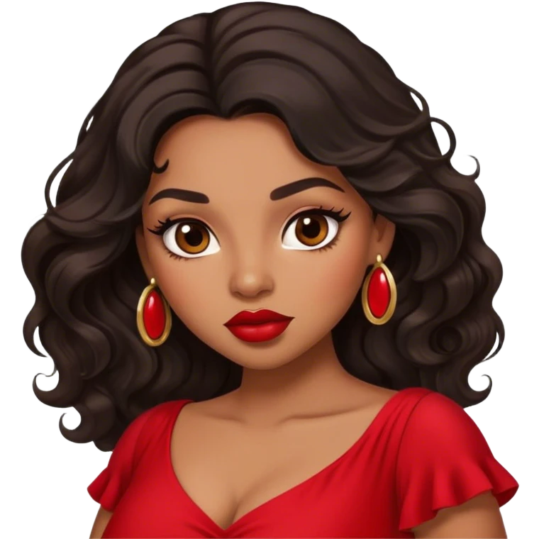light brown skin tone, very beautiful woman, with big plump lips, long long lashes, black long wavy hair, brown eyes, red dress emoji