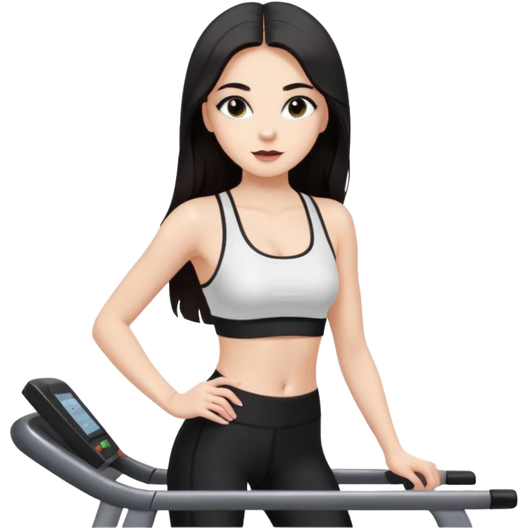 Девушка белокожая на беговой дорожке, с длинными темными волосами, в одежде для йоги - черные лосины, белый короткий топ на тонких лямках, с черными ресницами emoji