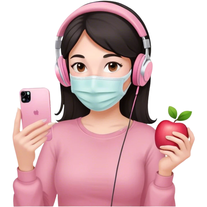 chica super aesthetic con piel blanca pelo morebo con una mascarilla en la cara relajada y unos cascos como lo de apple y un iphone de color rosa pastel emoji