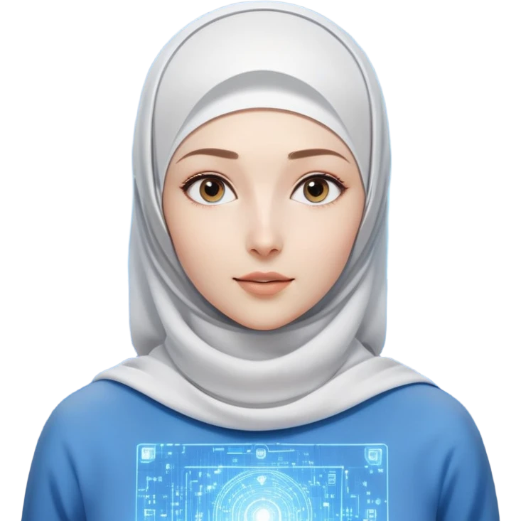 girl with white hijab in blue clothes, surrounded by screens displaying advanced holographic projections, quantum computing visuals, neural networks, futuristic UI elements, flowing digital code emoji