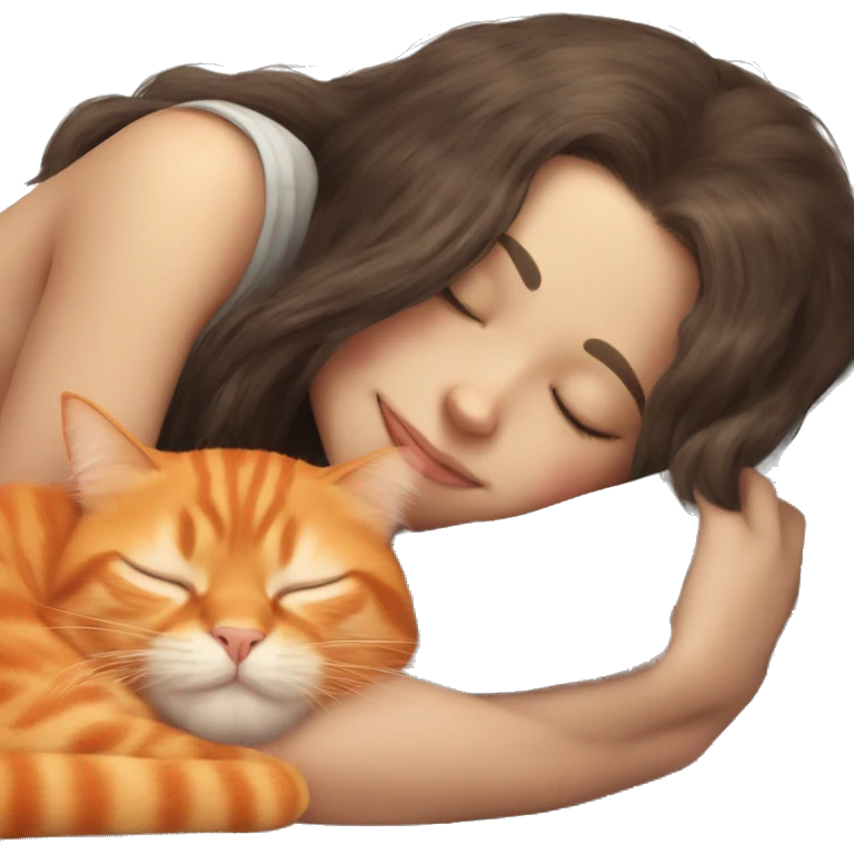 orange cat sleeping with long haired brunette girl emoji