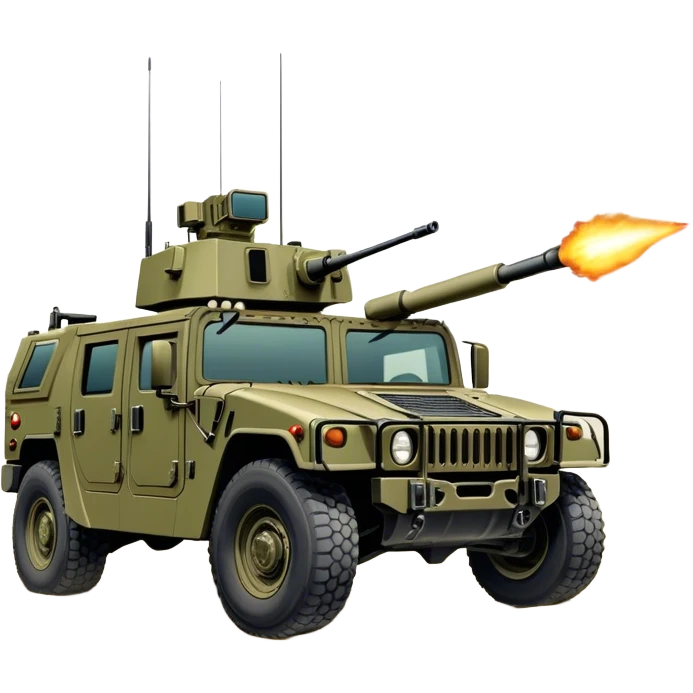 Humvee (2005) – Cinematic-realistic Humvee, its rugged olive-green frame bouncing over rough desert terrain. Soldiers grip their weapons tightly as the turret gunner scans the horizon, dust kicking up behind the armored vehicle under the blazing midday sun, with distant radio chatter crackling through the air. emoji
