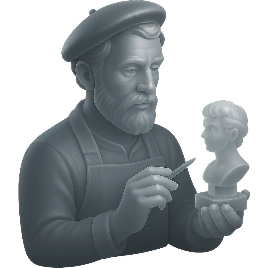 realistic 3D portrait of a sculptor artist with detailed facial features, holding a small sculpture emoji
