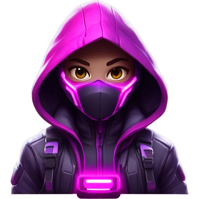developer behind his laptop with  this style : crysis Cyberpunk Valorant neon glowing bright pink girl character dark pink purple white hooded assassin themed character emoji