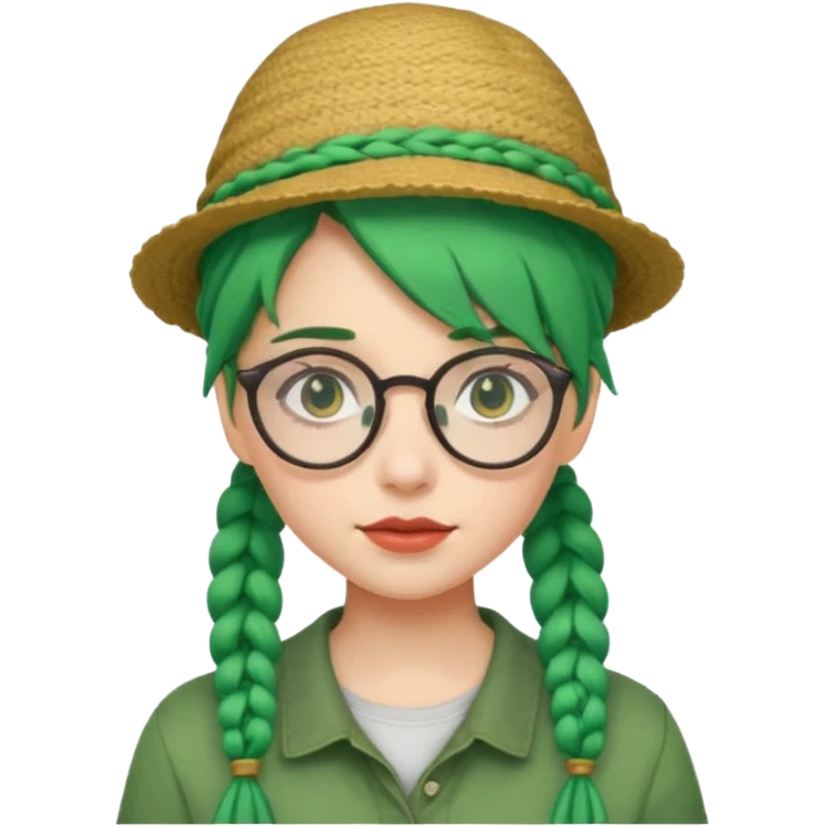 girl with green hairs, braids and spectacle and hat emoji