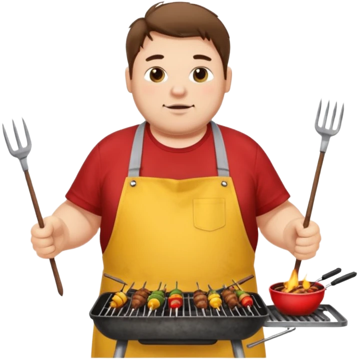 chubby man white messy hair and dirty yellow shirt and a red apron grilling bbq and skewers on a sizzling grill emoji