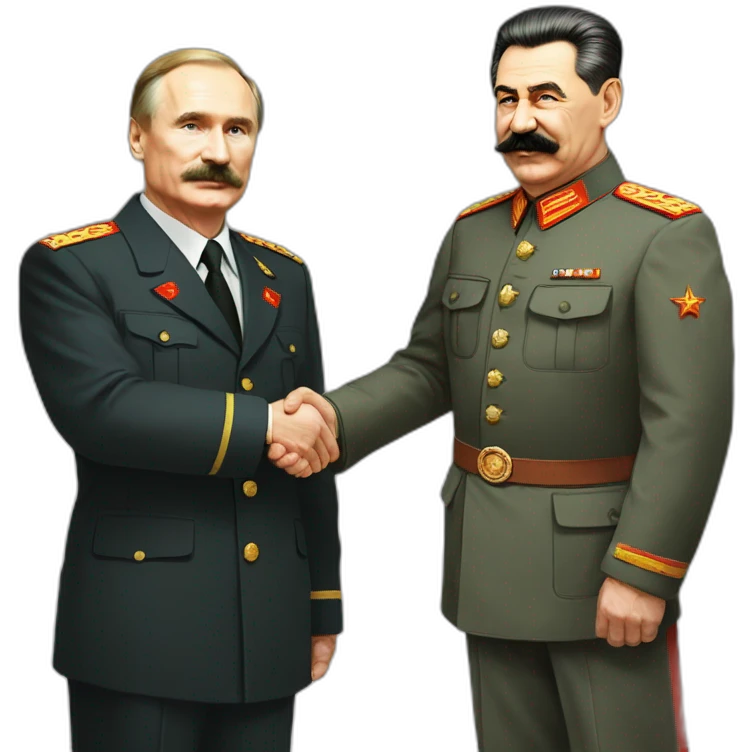 Stalin shakes Putin's hand. Putin in a suit, Stalin in a tunic emoji