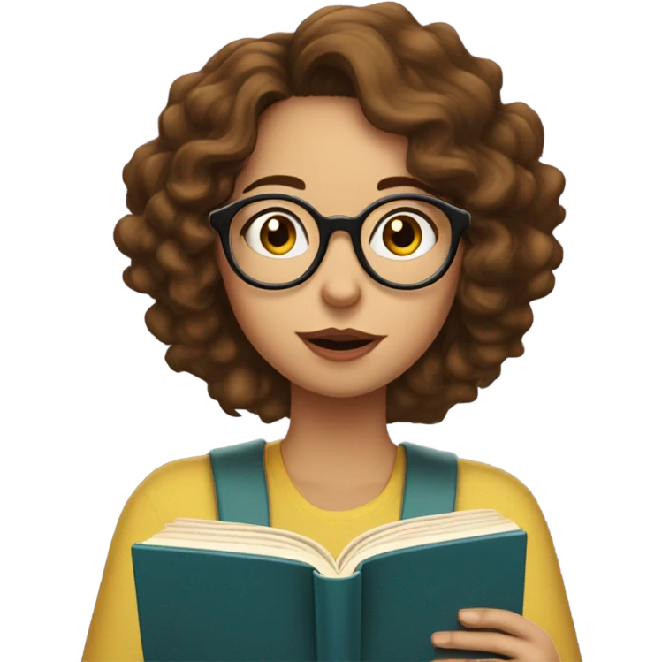 Girl with brown wavy hair, wears glasses and reads a book with question mark bubble on her head emoji