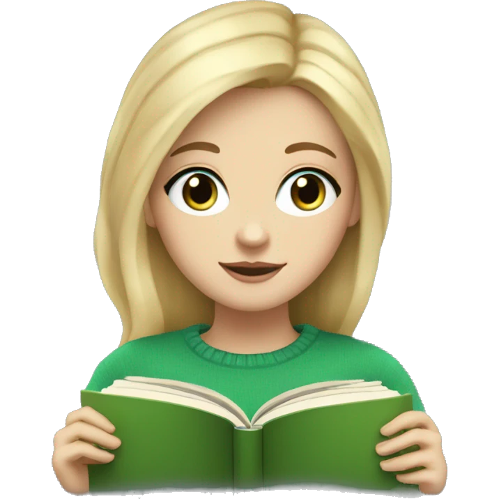 Pretty blue eyed white girl with blonde hair and a green sweater reading a book emoji