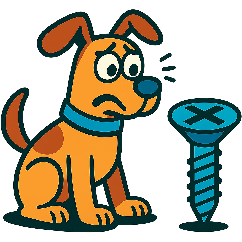 playful cartoon dog looking worriedly at a screw, visual pun for 'Don't screw the pooch' emoji